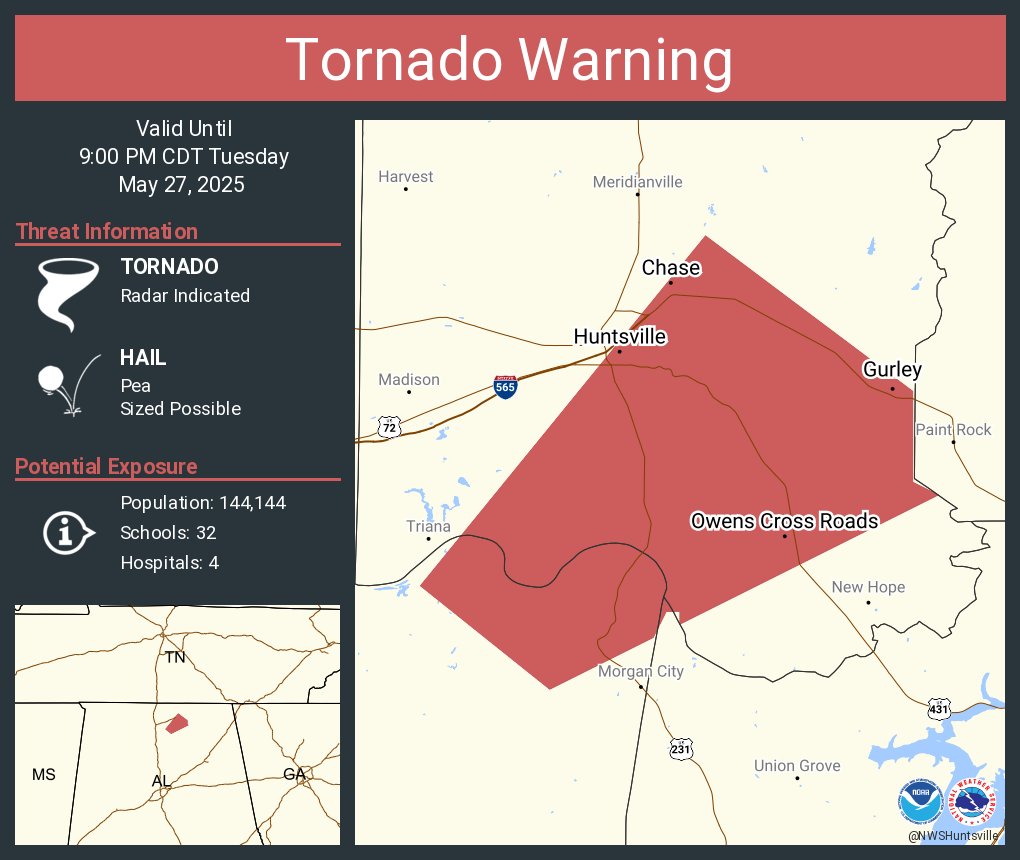 NWStornado's tweet image. Tornado Warning including Huntsville AL, Owens Cross Roads AL and  Gurley AL until 9:00 PM CDT