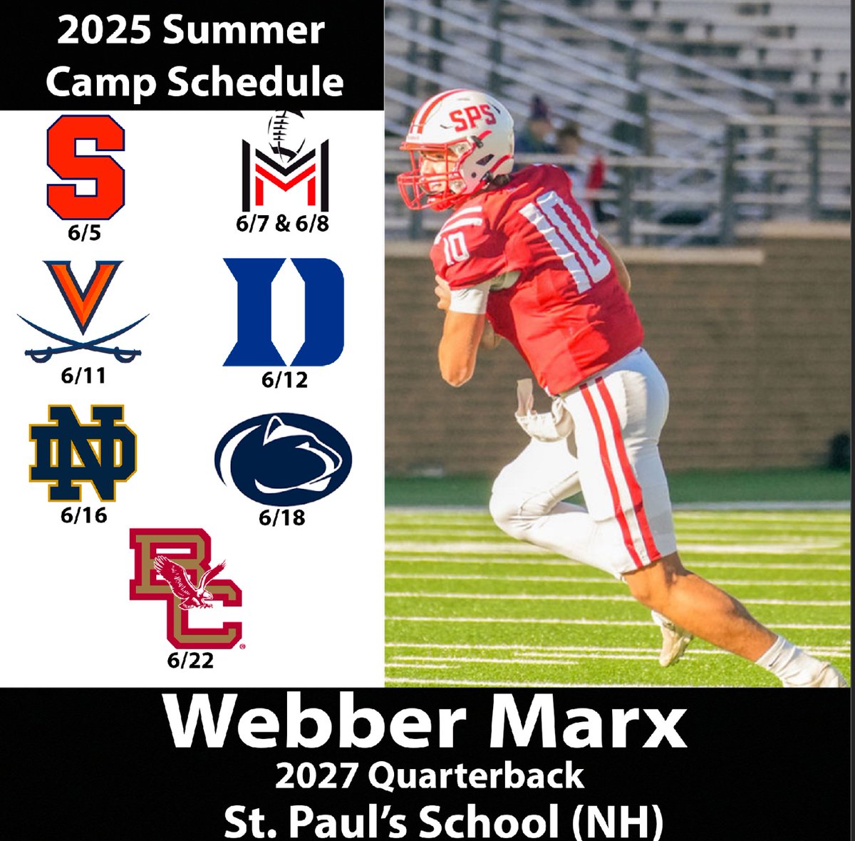 Webber Marx ‘27 QB (@webbermarx) on Twitter photo Excited to compete this summer in front of some great coaches!!
June 5: <a href="/CuseFootball/">Syracuse Football</a> <a href="/FranBrownCuse/">Fran Brown</a> <a href="/CoachNixon_Cuse/">Jeff Nixon</a> <a href="/CoachNunz/">Nunzio Campanile</a> <a href="/allpraisesdue7/">Stack Williams</a>
June 7th & 8th: <a href="/M2_QBacademy/">M2 QB Academy</a> <a href="/amclaughlinqb/">Alex McLaughlin</a>
June 11th: <a href="/UVAFootball/">Virginia Football</a> <a href="/Coach_TElliott/">Tony Elliott</a> <a href="/CoachT_Lamb/">Taylor Lamb</a> <a href="/jsperos/">Justin Speros</a> <a href="/_Choice2/">Adam Choice</a>
June 12th: Excited to compete this summer in front of some great coaches!!
June 5: <a href="/CuseFootball/">Syracuse Football</a> <a href="/FranBrownCuse/">Fran Brown</a> <a href="/CoachNixon_Cuse/">Jeff Nixon</a> <a href="/CoachNunz/">Nunzio Campanile</a> <a href="/allpraisesdue7/">Stack Williams</a>
June 7th & 8th: <a href="/M2_QBacademy/">M2 QB Academy</a> <a href="/amclaughlinqb/">Alex McLaughlin</a>
June 11th: <a href="/UVAFootball/">Virginia Football</a> <a href="/Coach_TElliott/">Tony Elliott</a> <a href="/CoachT_Lamb/">Taylor Lamb</a> <a href="/jsperos/">Justin Speros</a> <a href="/_Choice2/">Adam Choice</a>
June 12th: