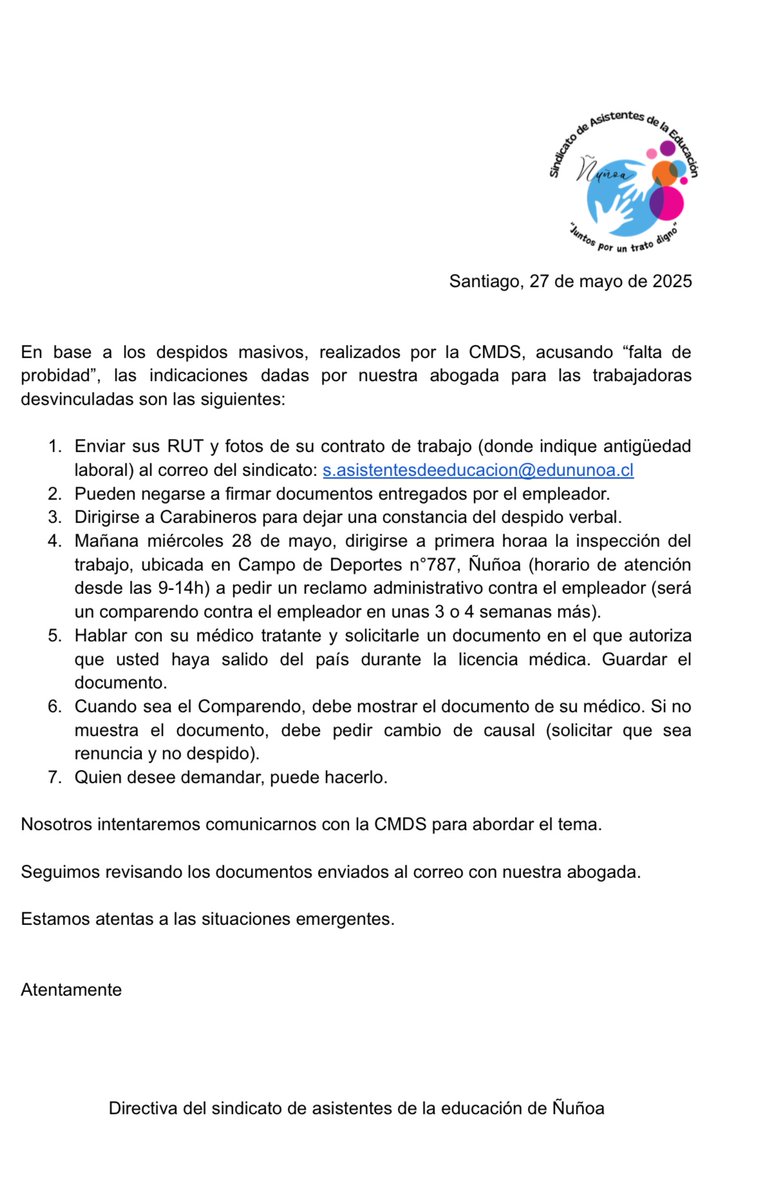Increíble: quiere entender cómo tratan de abusar del Estado. MIRE el punto 5 de estas recomendaciones de sindicato de Ñuñoa a los despedidos por licencias truchas. Les recomienda PEDIRLE AHORA al médico un documento que autorice el viaje. Sin pudor. Urge reformar el Estado y
