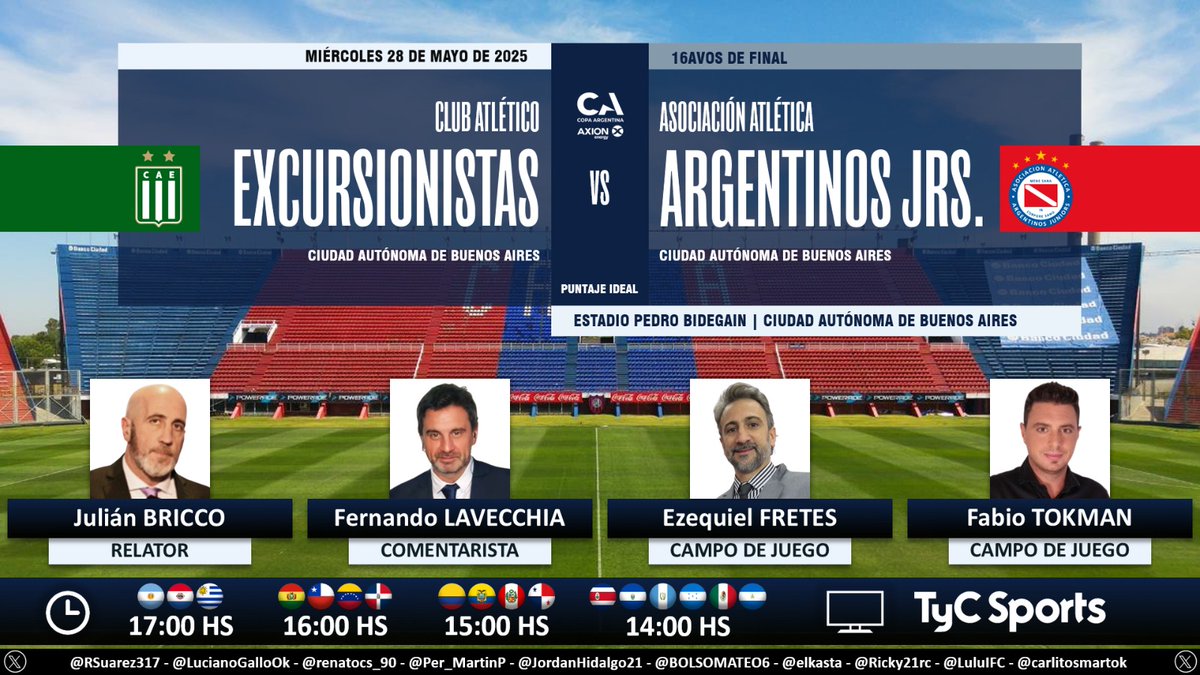 Puntaje Ideal (@puntaje_ideal) on Twitter photo ⚽ #CopaArgentina 🇦🇷 | #Excursionistas vs. #ArgentinosJuniors
🎙 Relator: Julián Bricco
🎙 Comentarista: <a href="/Ferlavecchia/">Fernando Lavecchia</a>
🎙 CdJ: Ezequiel Fretes - <a href="/Fabiot1983/">Fabio Tokman</a>
📺 <a href="/TyCSports/">TyC Sports</a> 🇦🇷 y <a href="/TyCSports/">TyC Sports</a> Internacional
💻📱 <a href="/TyCSportsPlay/">TyC Sports Play</a> 🇦🇷
🤳 #CopaArgentinaEnTyCSports
Dale RT 🔃 ⚽ #CopaArgentina 🇦🇷 | #Excursionistas vs. #ArgentinosJuniors
🎙 Relator: Julián Bricco
🎙 Comentarista: <a href="/Ferlavecchia/">Fernando Lavecchia</a>
🎙 CdJ: Ezequiel Fretes - <a href="/Fabiot1983/">Fabio Tokman</a>
📺 <a href="/TyCSports/">TyC Sports</a> 🇦🇷 y <a href="/TyCSports/">TyC Sports</a> Internacional
💻📱 <a href="/TyCSportsPlay/">TyC Sports Play</a> 🇦🇷
🤳 #CopaArgentinaEnTyCSports
Dale RT 🔃