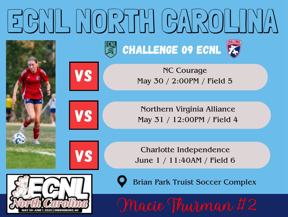 Looking forward to playing in the ECNL North Carolina showcase this weekend!
