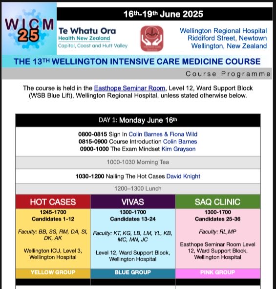 The Wellington Intensive Care Medicine exam course for 2025 will be held next month. The course timetable is now finalised &amp; available online here:

wellingtonicu.com/Data/WICM/WICM…

We look forward to welcoming all candidates to a beautiful windy Wellington winter wonderland.
