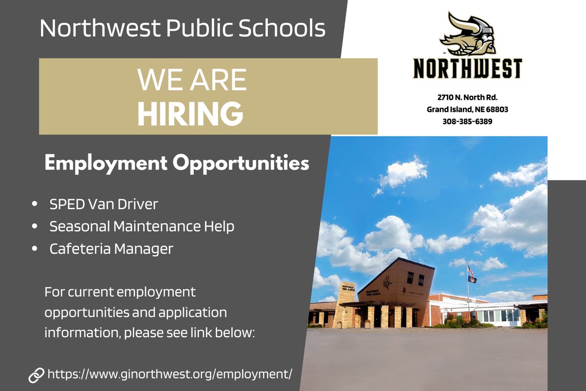 Northwest Public Schools is hiring:

Information and online application can be found here: ⬇️
ginorthwest.org/employment/
#ginwvikings