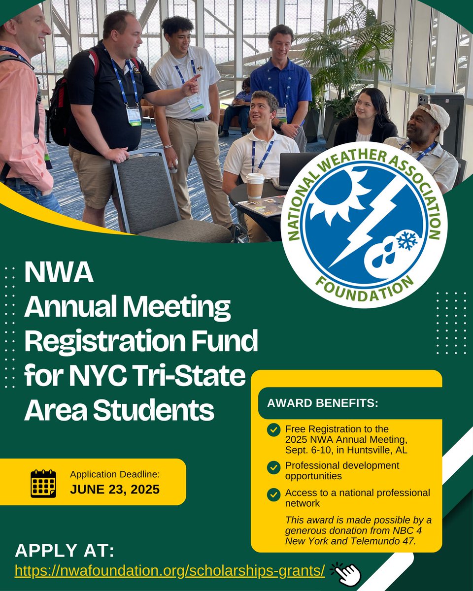 Thanks to a donation from <a href="/NBCNewYork/">NBC New York</a> and <a href="/Telemundo47/">Telemundo 47</a>, an award is available to cover the cost of registration for #NWAS25 in Huntsville!

Open to students attending a university/college in the NYC Tri-State Area and majoring in meteorology/related field

nwafoundation.org/scholarships-g…