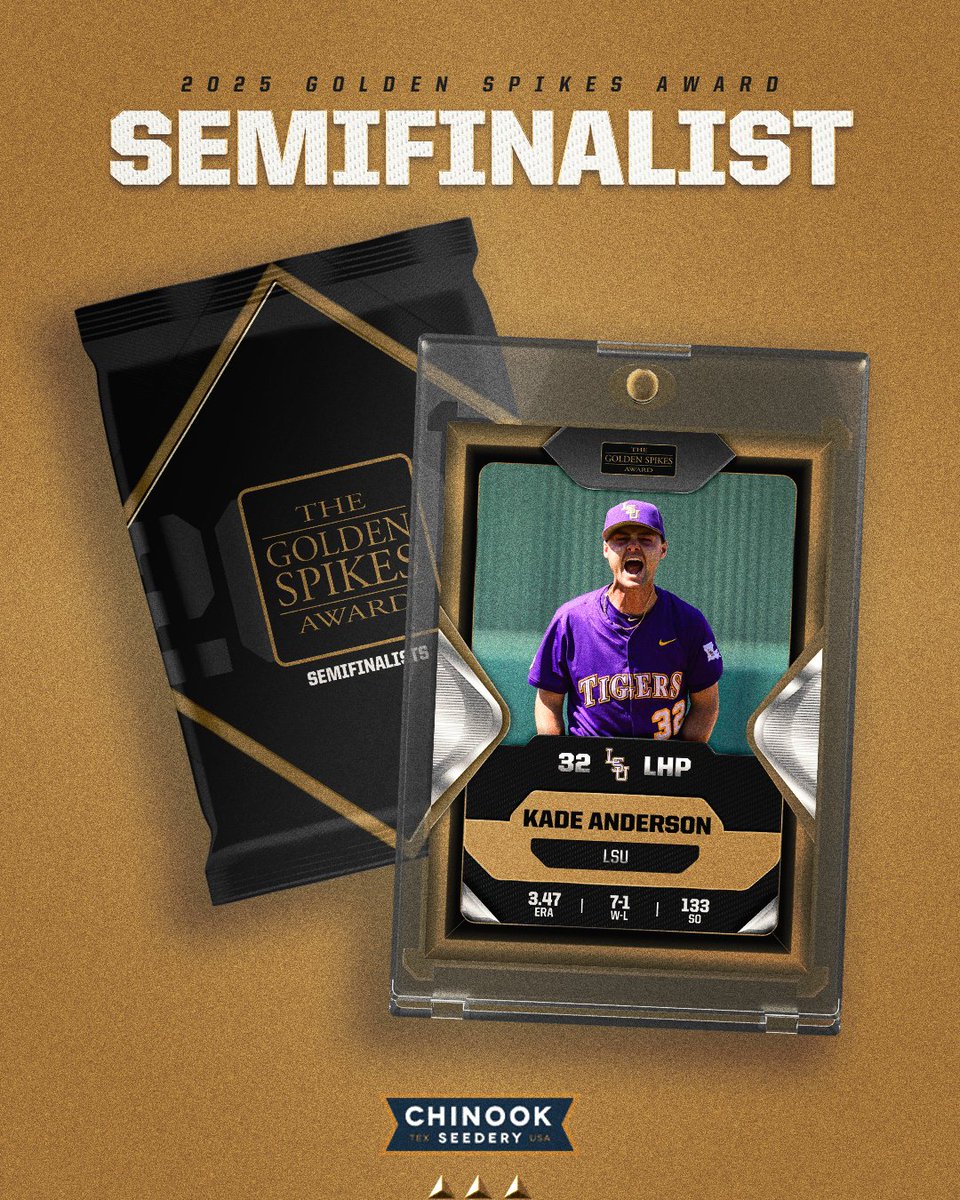 🌟 #GoldenSpikes Semifinalist Spotlight 🌟

Kade Anderson, who was named to the SEC All-Defensive Team, finished No. 2 in the nation this regular season in strikeouts with 133, and he posted a 7-1 record and a 3.47 ERA in 83.0 innings. He had a career outing on April 3 when he