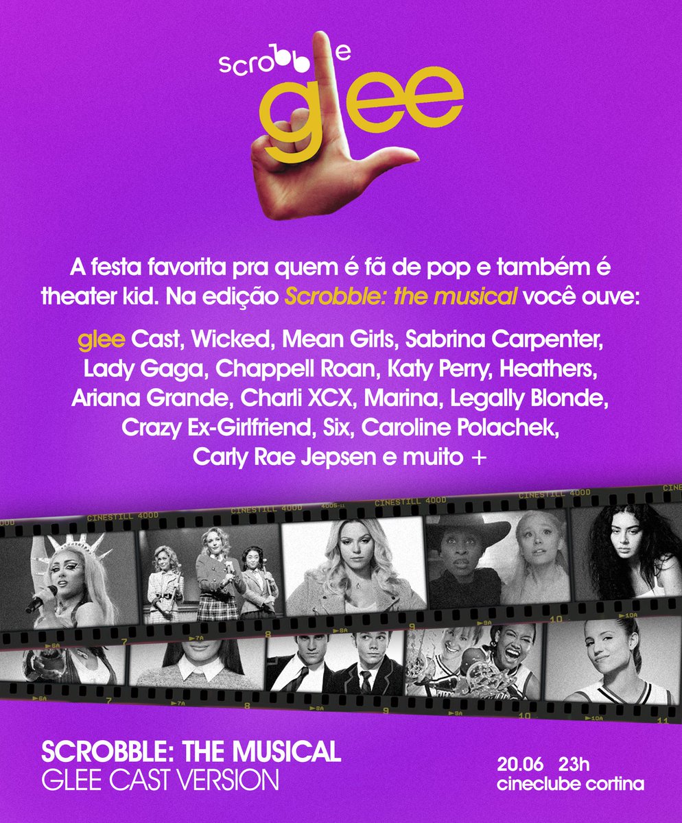 scrobblefesta's tweet photo. 🚨 SÃO PAULO

Todos recuperados de sexta? Pois já tem mais anúncio.

🎶 SCROBBLE: THE MUSICAL (GLEE CAST VERSION)

💖 MÚSICA POP + GLEE CAST + BROADWAY HITS

📅 20/06 - CINECLUBE CORTINA | 23H

🎟️: https://t.co/eRsw75aGGk https://t.co/uwP1jCtxa0