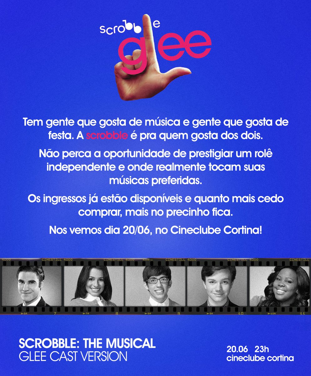 scrobblefesta's tweet photo. 🚨 SÃO PAULO

Todos recuperados de sexta? Pois já tem mais anúncio.

🎶 SCROBBLE: THE MUSICAL (GLEE CAST VERSION)

💖 MÚSICA POP + GLEE CAST + BROADWAY HITS

📅 20/06 - CINECLUBE CORTINA | 23H

🎟️: https://t.co/eRsw75aGGk https://t.co/uwP1jCtxa0