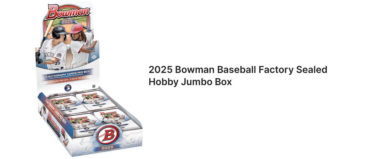 FastBreakCards's tweet image. 2025 Bowman Baseball Factory Sealed Hobby Jumbo Box #ad 
bit.ly/3RP11eM