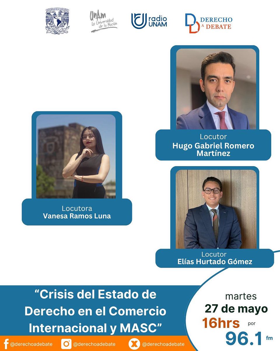 Esta tarde no te pierdas por <a href="/RadioUNAM/">Radio UNAM</a> Crisis del Estado de Derecho en el
Comercio Internacional y MASC junto a   
 <a href="/hugoromerom/">Hugo Romero</a> 

<a href="/eshurtado96/">Elias Hurtado</a> y #vane_ramosluna