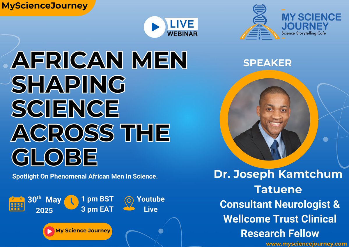 My Science Journey (@journey2science) on Twitter photo 🚨 What does it take to build a stroke research program in Africa?
Join us Fri, 30 May at 1PM BST for a #MSJ webinar with Dr. <a href="/JTatuene/">Joseph KAMTCHUM TATUENE</a> on stroke science, systems-building & African inclusion in global research.
🎥 youtube.com/live/LYMe-E0aR…
#GlobalHealth #StrokeResearch #Africa 🚨 What does it take to build a stroke research program in Africa?
Join us Fri, 30 May at 1PM BST for a #MSJ webinar with Dr. <a href="/JTatuene/">Joseph KAMTCHUM TATUENE</a> on stroke science, systems-building & African inclusion in global research.
🎥 youtube.com/live/LYMe-E0aR…
#GlobalHealth #StrokeResearch #Africa