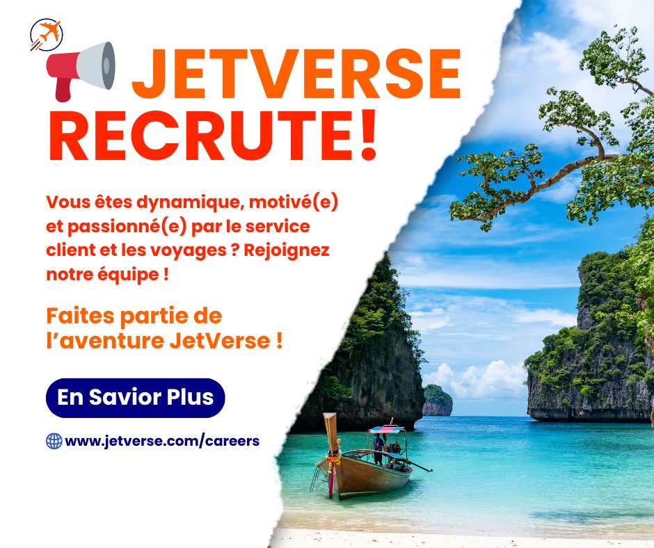 jetverse21's tweet photo. 🚀 JetVerse recrute ! Rejoignez une équipe dynamique au cœur de la mobilité internationale 🌍
📩 Postulez dès maintenant : 🔗 https://t.co/4eQ2kulRCH 📧 Ou envoyez votre CV à : jetverse@jetverse21.com https://t.co/aObyGMNX29