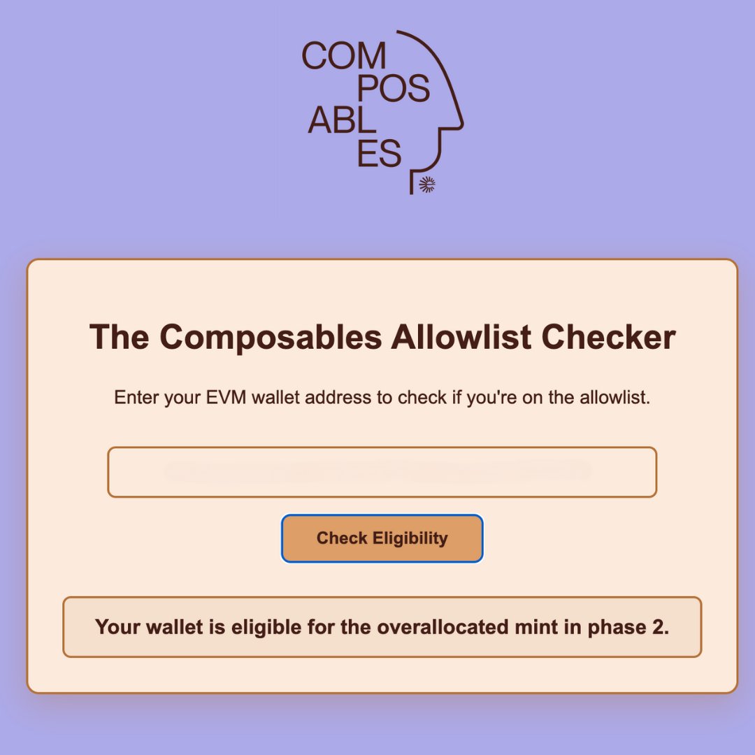 The Composables NFT checker is live! <a href="/EspressoSys/">Espresso ☕️</a> ☕️

📆The mint is going live on May 30 with 5,000 NFTs across 4 phases on <a href="/RariChain/">RARI Chain</a>, priced at 0.0359 ETH.

Check the tweet below for the allowlist checker ⤵️