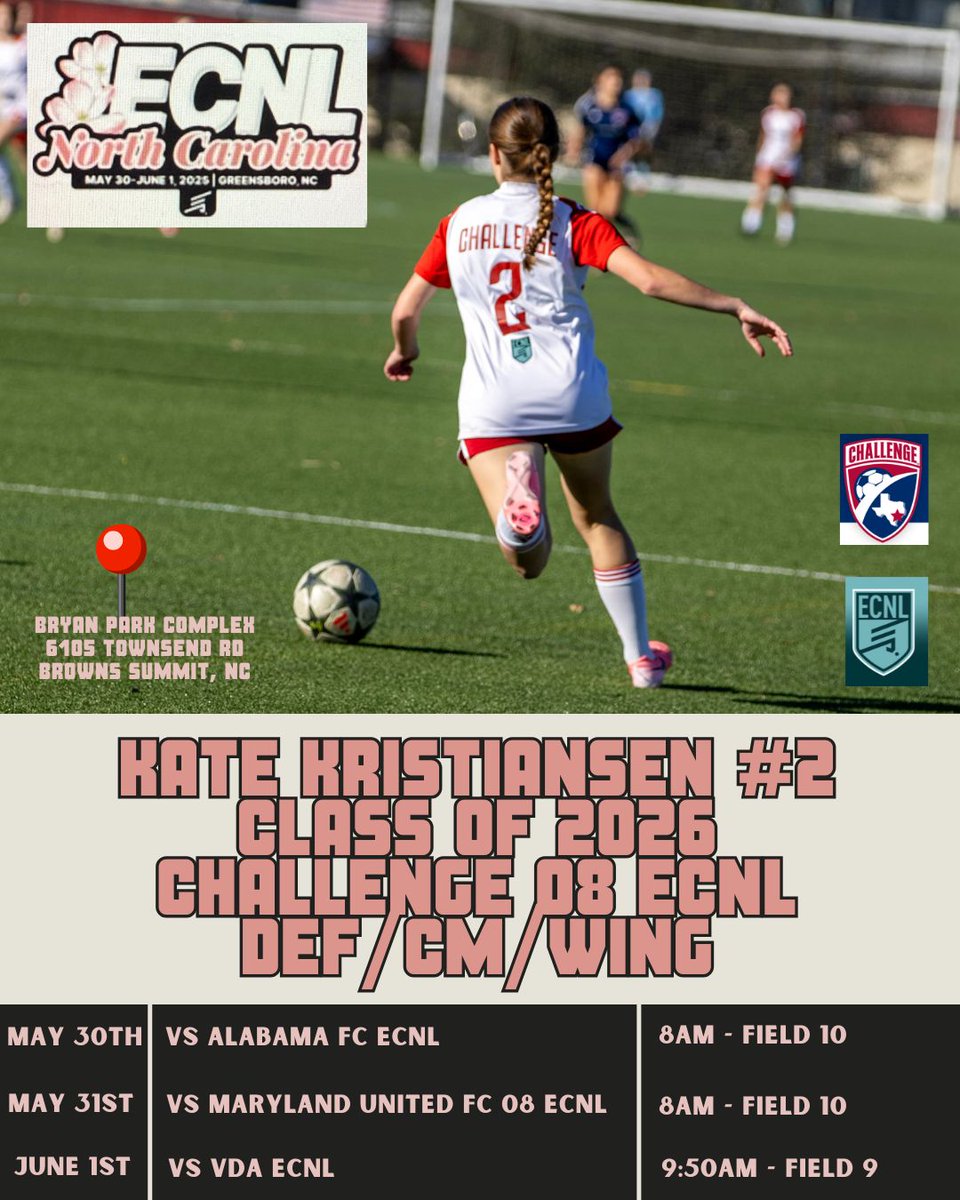 Kate Kristiansen (@katekristiansen) on Twitter photo Finishing up school finals this week and looking forward to playing at ECNL North Carolina 🌺 #ECNLNC this weekend in Greensboro with my team <a href="/Challenge08ECNL/">Challenge G08 ECNL (U17)</a> ! 📚✈️⚽️ See you there!!
<a href="/Challenge08ECNL/">Challenge G08 ECNL (U17)</a> <a href="/ChallengeSoccer/">Challenge Soccer Club</a> <a href="/ECNLgirls/">ECNL Girls</a> <a href="/EcnlTexas/">ECNL Girls Texas Conference</a> <a href="/ImYouthSoccer/">ECNL/GA/Recruiting/College Soccer</a> <a href="/PrepSoccer/">Prep Soccer ⚽️</a> Finishing up school finals this week and looking forward to playing at ECNL North Carolina 🌺 #ECNLNC this weekend in Greensboro with my team <a href="/Challenge08ECNL/">Challenge G08 ECNL (U17)</a> ! 📚✈️⚽️ See you there!!
<a href="/Challenge08ECNL/">Challenge G08 ECNL (U17)</a> <a href="/ChallengeSoccer/">Challenge Soccer Club</a> <a href="/ECNLgirls/">ECNL Girls</a> <a href="/EcnlTexas/">ECNL Girls Texas Conference</a> <a href="/ImYouthSoccer/">ECNL/GA/Recruiting/College Soccer</a> <a href="/PrepSoccer/">Prep Soccer ⚽️</a>