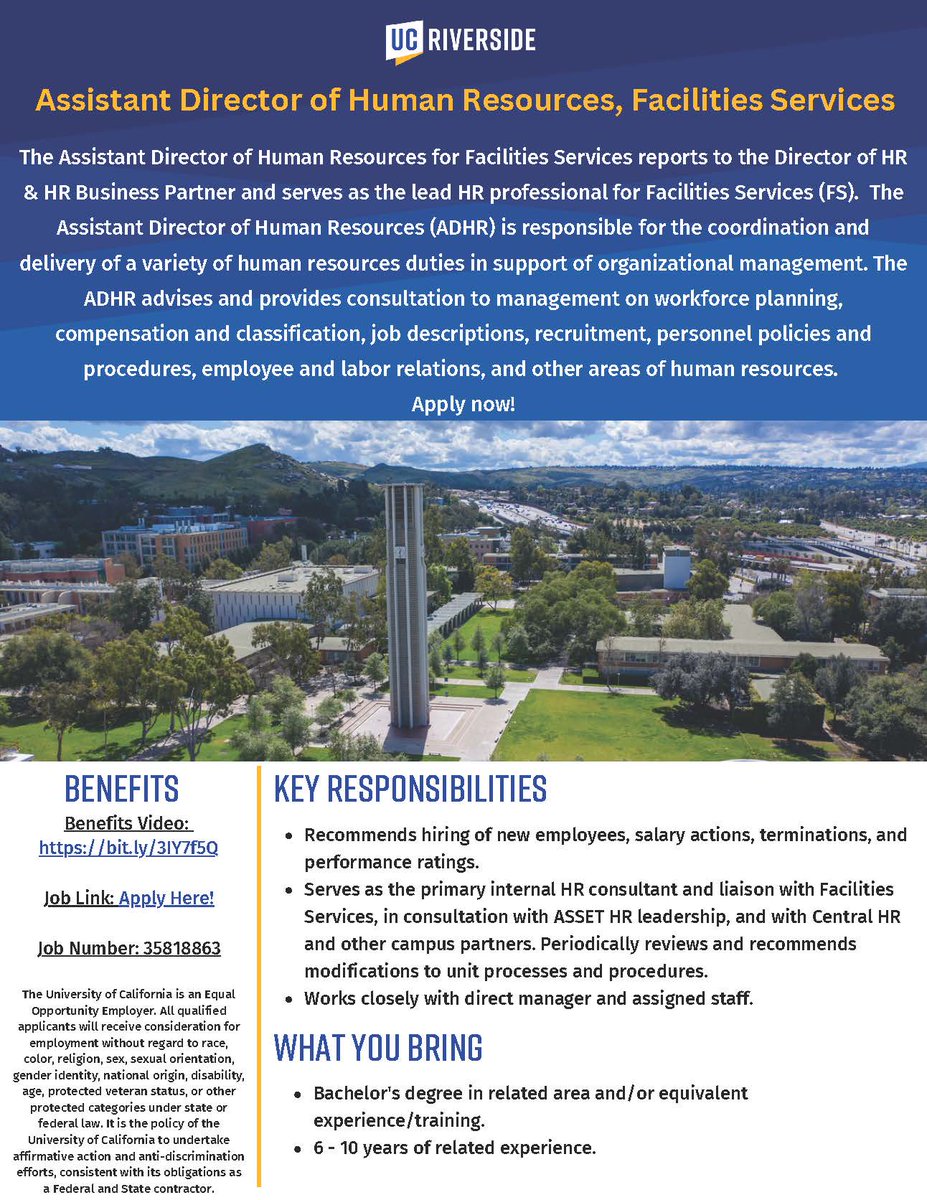 UC Riverside is looking for a dynamic individual to fill the role of Assistant Director of Human Resources, Facilities Services. Could this be your next opportunity? Details: lnkd.in/gkrX7RPb
#UCJobs #UCRJobs #HRJobs #HumanResources #UCR #JobSearch #Jobs #OpenJobs