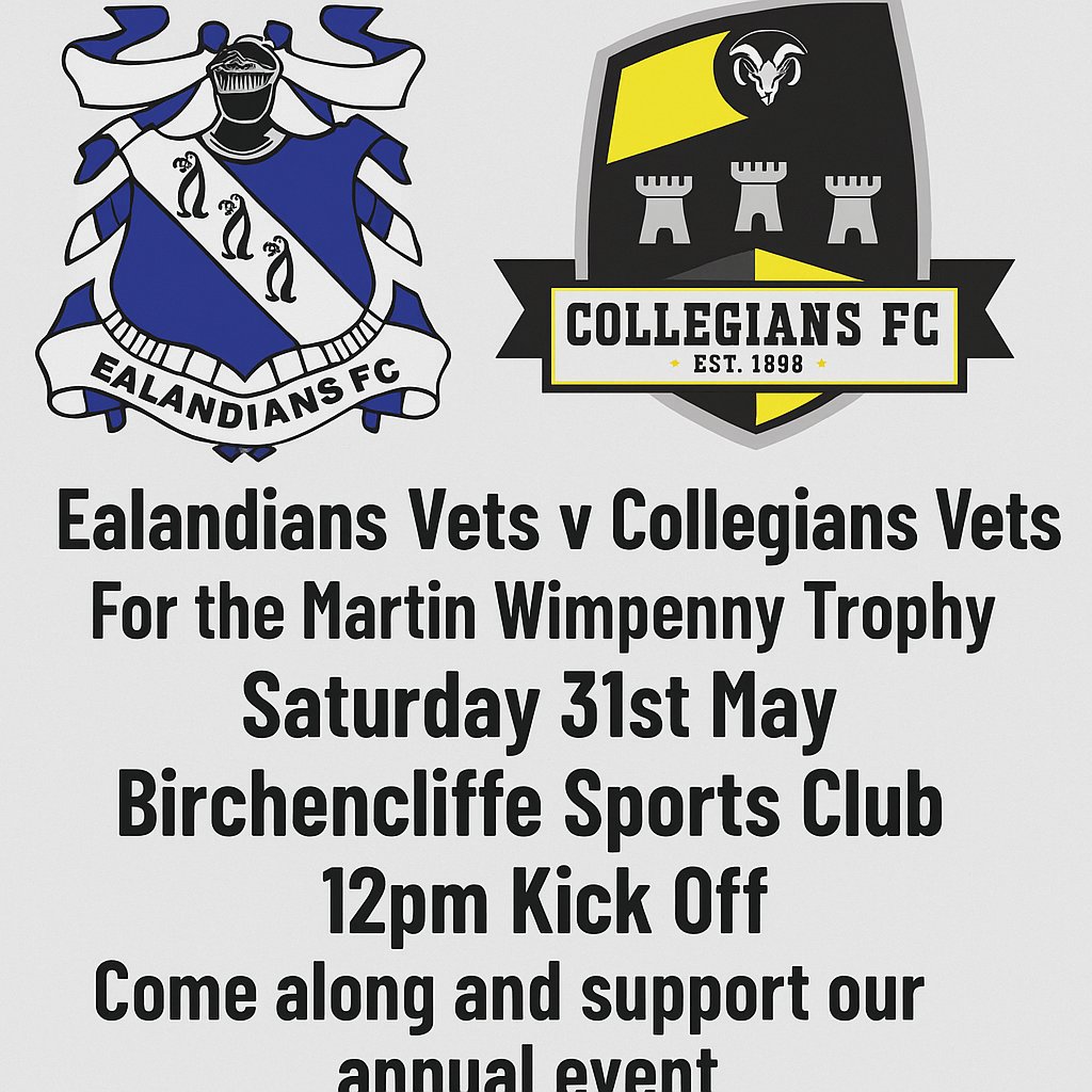 Our Annual Vets fixture is almost upon us as we face local friends and rivals <a href="/CollegiansFC1/">Collegians FC</a> on Saturday for the Martin Wimpenny Trophy. It's always a fantastic event. All support is welcome at Birchencliffe Sports Club, 12pm KO. The bars open, so come down and show your support!