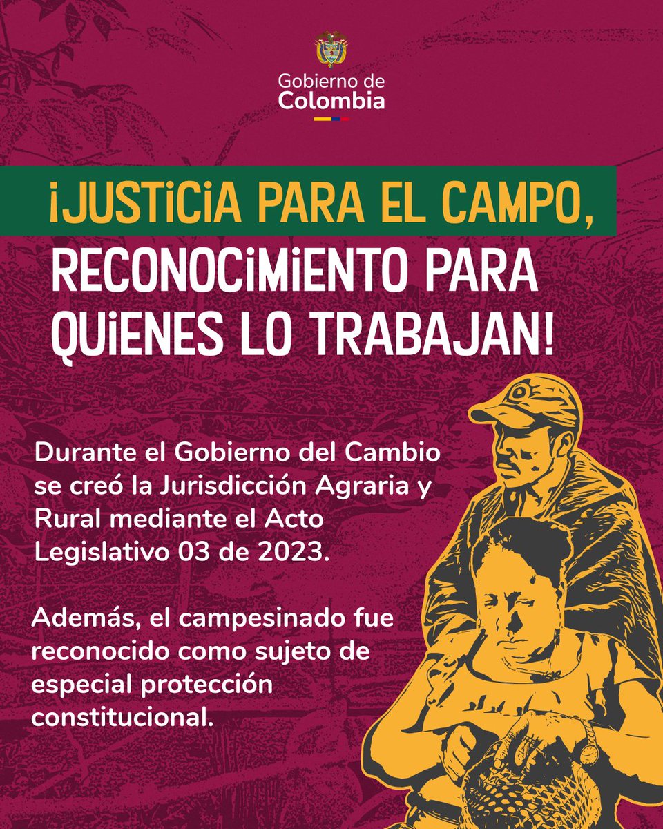 ICA Colombia (@icacolombia) on Twitter photo 🇨🇴 Durante el gobierno del presidente <a href="/petrogustavo/">Gustavo Petro</a> impulsamos la #JurisdicciónAgrariaYa, una justicia especial que resolverá los conflictos del campo de forma pacífica y garantizar los derechos de quienes lo habitan. 👨🏻🌾⚖️ También promovimos el reconocimiento del campesinado, que 🇨🇴 Durante el gobierno del presidente <a href="/petrogustavo/">Gustavo Petro</a> impulsamos la #JurisdicciónAgrariaYa, una justicia especial que resolverá los conflictos del campo de forma pacífica y garantizar los derechos de quienes lo habitan. 👨🏻🌾⚖️ También promovimos el reconocimiento del campesinado, que