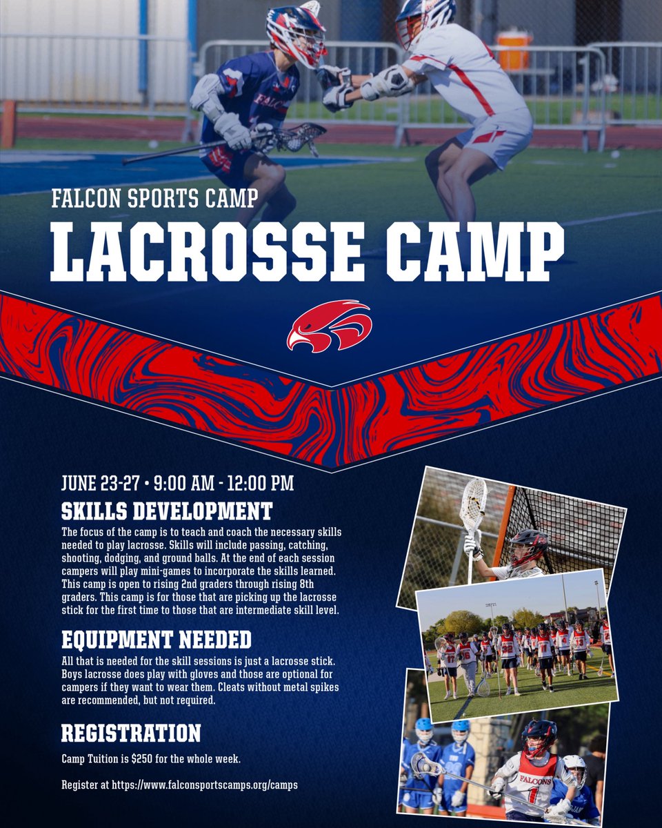 Summer is time is here! Come join our Summer Lacrosse Camp! This camp is for rising 2nd grade - 8th grade that are starting out/fairly new to the sport. Only sticks and gloves are required! Register today at falconsportscamps.org .