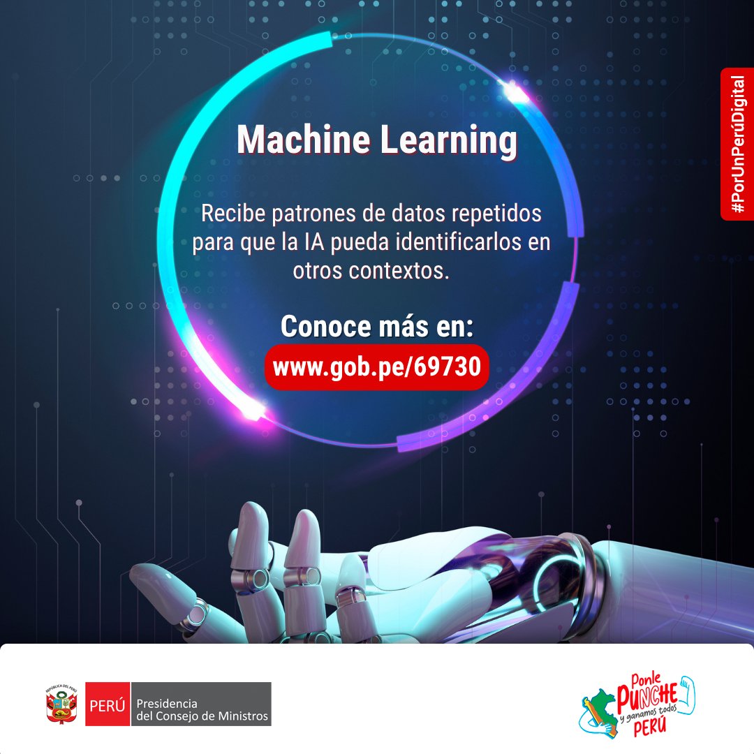 PeruPaisDigital's tweet photo. #SGTDInforma| 🤖Uno de los tipos de #InteligenciaArtificial es el #MachineLearning o aprendizaje automático: recibe patrones de datos repetidos para que la IA pueda identificarlos en otros contextos.
Conoce más en👉🏻 https://t.co/MD91HKwdce 
#TransformaciónDigital https://t.co/P0DZWuZe3f