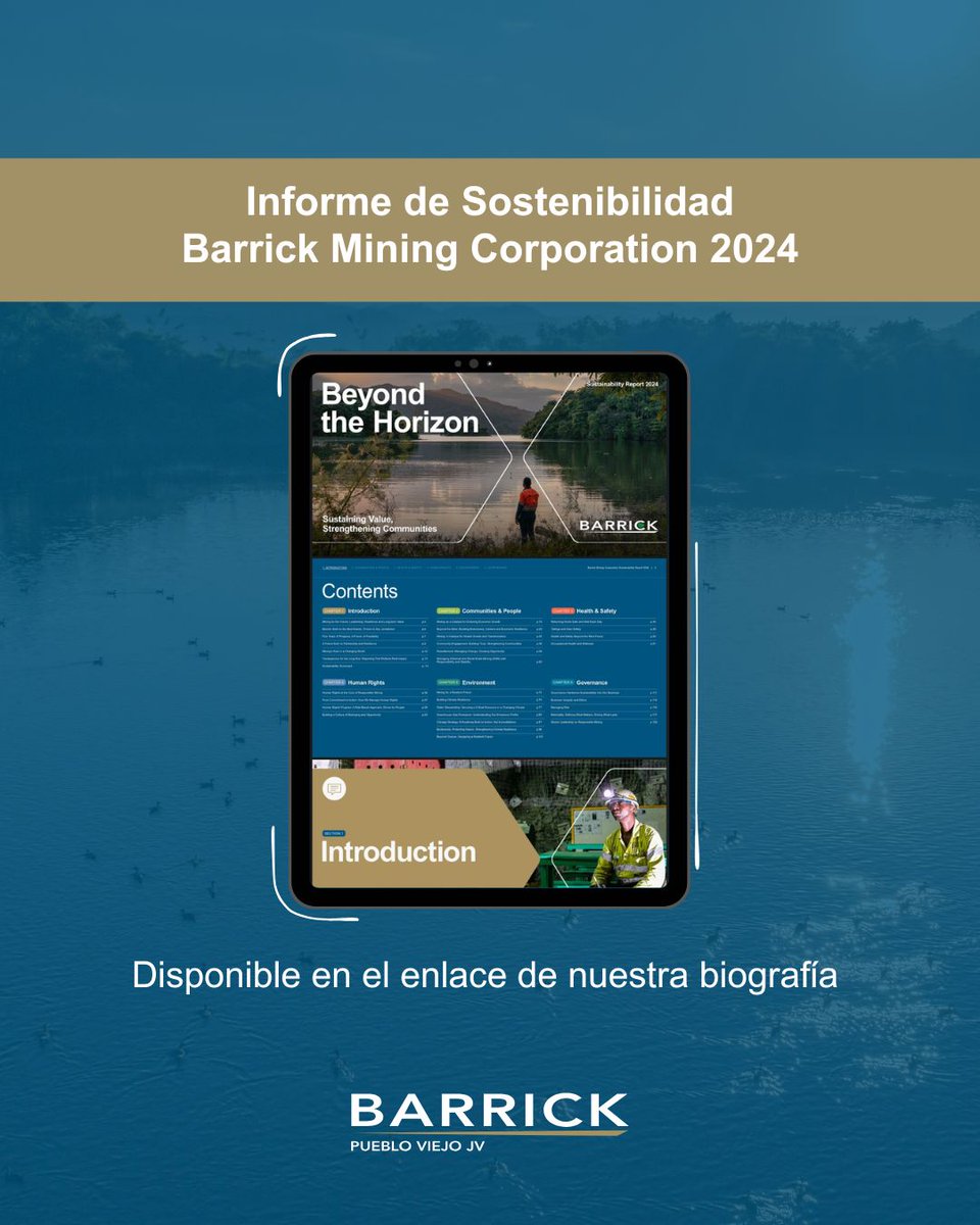 BarrickRD's tweet photo. El Informe de Sostenibilidad 2024 de @barrick_mining destaca las acciones y resultados que fortalecen el compromiso corporativo con las comunidades, el medio ambiente y la gobernanza en las operaciones mineras afiliadas. Estas iniciativas están alineadas con los Objetivos de Desarrollo Sostenible (ODS) de las Naciones Unidas.

En Pueblo Viejo, el informe resalta nuestras contribuciones para mejorar la calidad de vida en las comunidades vecinas, incluyendo:

· Aumento del acceso a agua potable y segura.
· Ampliación de la disponibilidad de servicios de salud.
· Fomento del empoderamiento femenino dentro de nuestra fuerza laboral.

Además, hemos capacitado a líderes comunitarios y representantes de organizaciones locales para evaluar la salud de la biodiversidad y recopilar datos de campo. Estas acciones refuerzan nuestra transparencia y el compromiso con una minería responsable.

Consulta el informe completo disponible en nuestra biografía.

#BarrickRD
#BarrickPuebloViejo
#Sostenibilidad