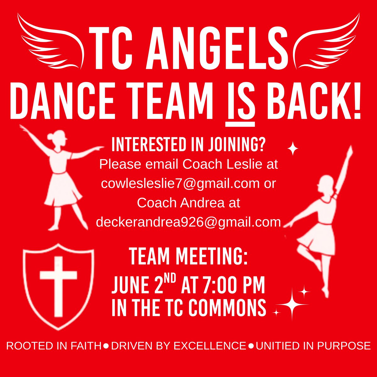 🎉 Welcome Back Trinity Angels Dance Team!
Join us for our team meeting on June 2nd at 7 PM in the TC Commons.

Interested? Email Coach Leslie at cowlesleslie7@gmail.com or Coach Andrea at deckerandrea926@gmail.com. 💃✨