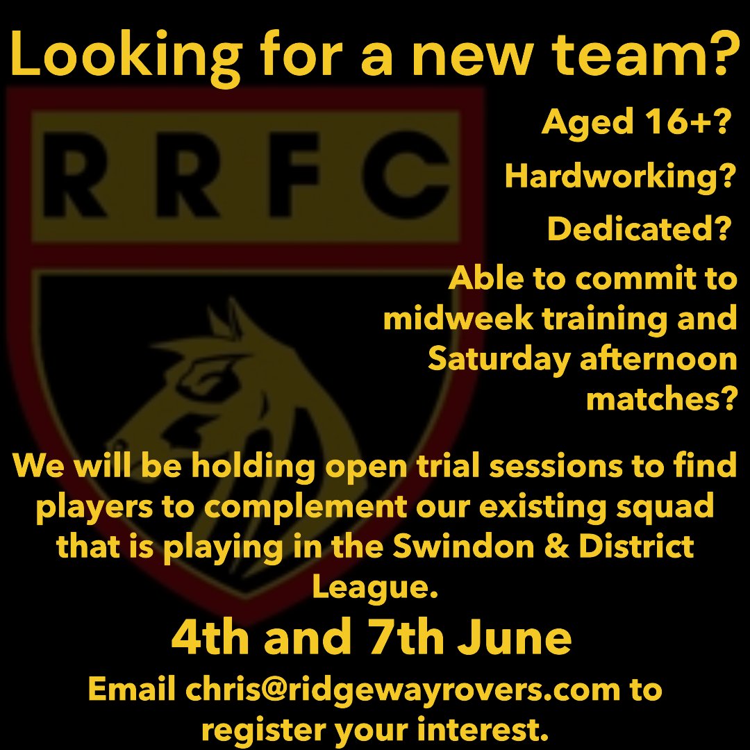 Ridgewayrovers1's tweet image. Open trial dates are coming up soon
So if you are looking for a new team, or wanting to get back into playing, either drop me a message or an email.