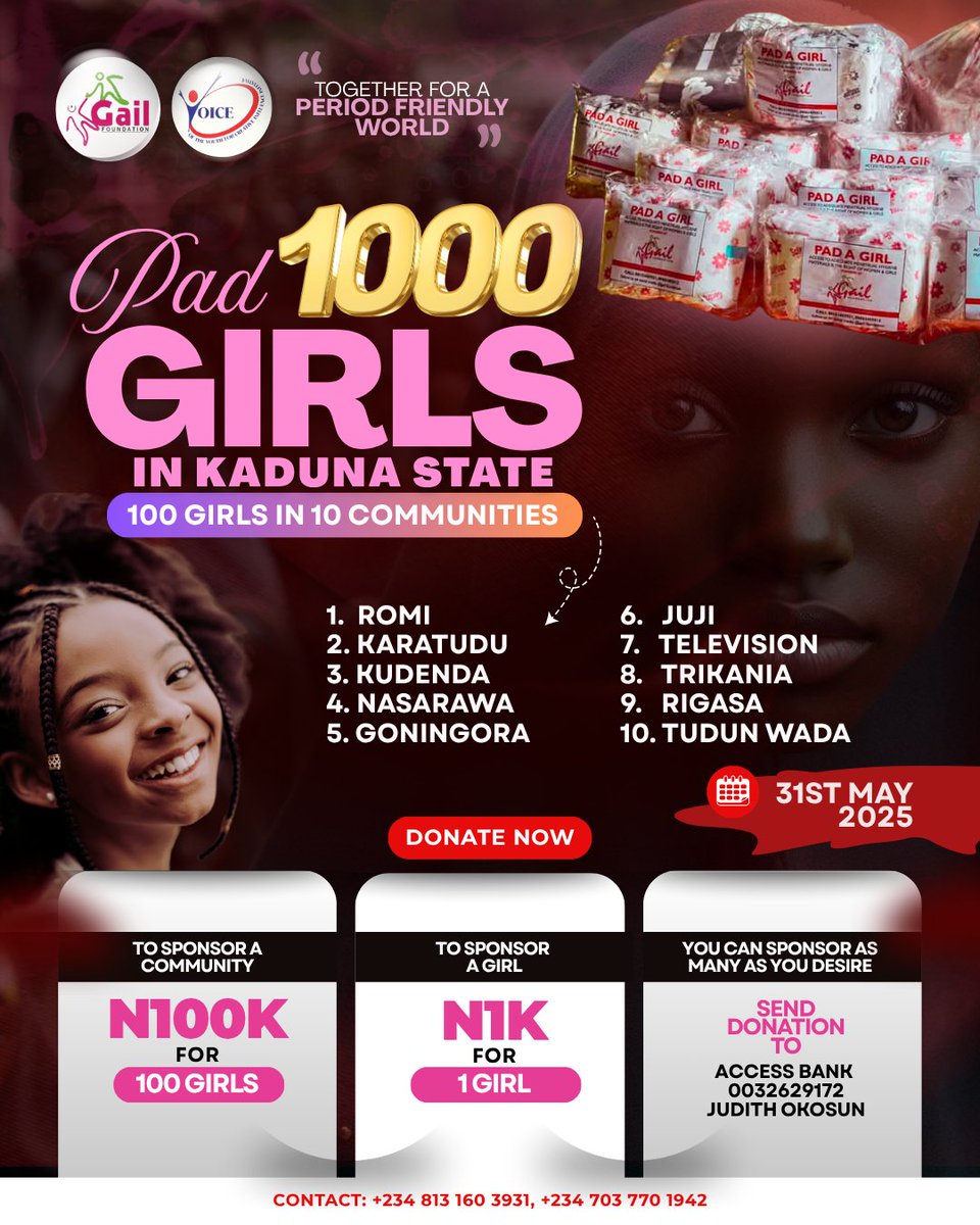 Help us make #Pad1000Girls a reality.

As a way of commemorating #MHDay2025, we will be reaching out to 1000 girls across #Kaduna State with #MenstrualHygiene education and share #SanitaryPads to them.
<a href="/davido/">Davido</a> 
<a href="/PeterObi/">Peter Obi</a> 
<a href="/falzthebahdguy/">Bop Daddy</a>
<a href="/KadunaMOH/">Kaduna State Ministry of Health</a>
<a href="/realobi_cubana/">obi cubana</a> 
<a href="/frankrichboy/">FRANK EDWARDS</a>