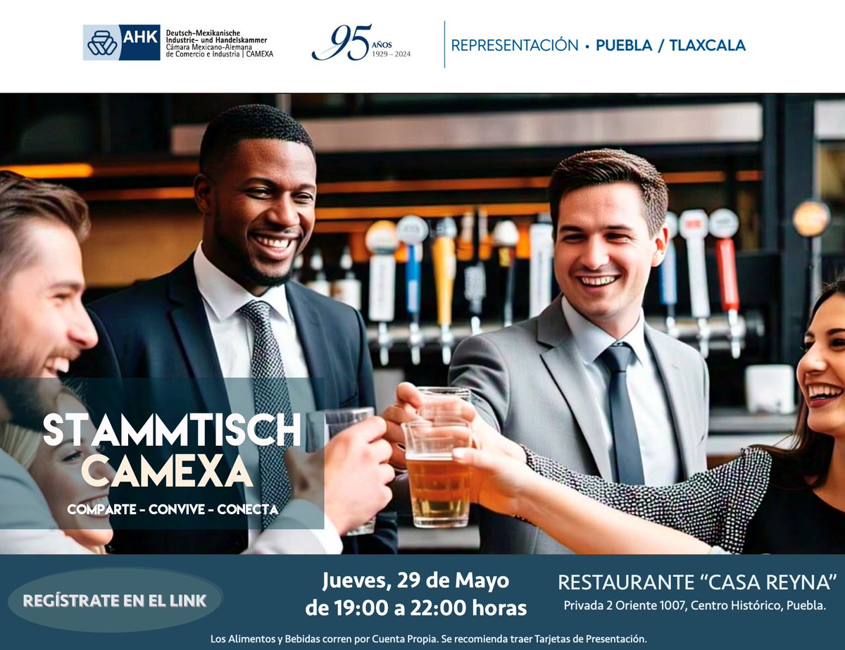 Participa en el Stammtisch CAMEXA Puebla, espacio ideal para hacer contactos en un ambiente relajado.

📅 29 de mayo
🕓 19:00 a 22:00 h
📍 Casa Reyna, Puebla

👉 camexa-formularios.com/formulario/ins…

#PartnerPorElNetworking
#PartnerEnMéxico