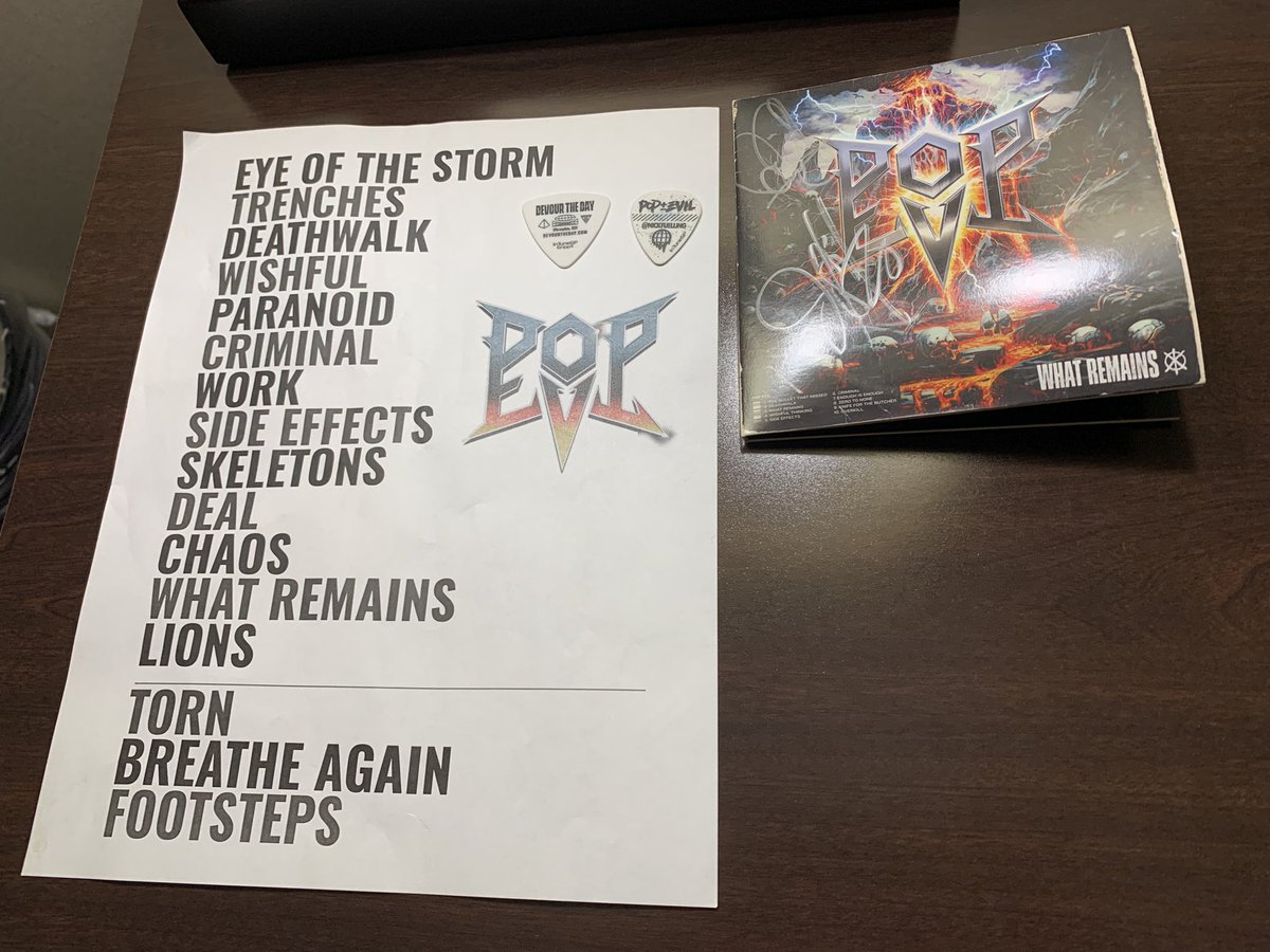 <a href="/PopEvil/">Pop Evil</a> <a href="/AmbATamb/">𝔸𝕄𝔹</a> Getting a Pop evil pick, a DTD pick, Pop Evil setlist, and getting my What remains CD signed by Joey and Davey🤘