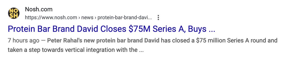 LaurenJohnson's tweet photo. Whoa saw this news about David protein bars raising $75 million (!) earlier today (the only link I could find) and now the story's been wiped from https://t.co/hBVoyIRK8m🧐 https://t.co/tHoyBDbokN https://t.co/vKRL6DEGgU
