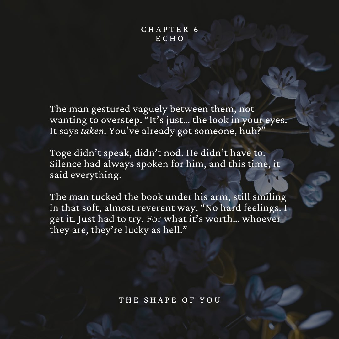 Chapter 6 is out! Sorry Toge T_T Promise there’s a happy ending to this fic! (And bath-time flirting)

Next chapter on Thursday!

✨ The Shape of You
✨ Ch. 6 - Echo
✨ E rated Hurt/Confort
✨ Ghost AU 
✨ Ghost!Yuta x GhostWhisperer!Toge
✨ #inuokko 

archiveofourown.org/works/65474863…