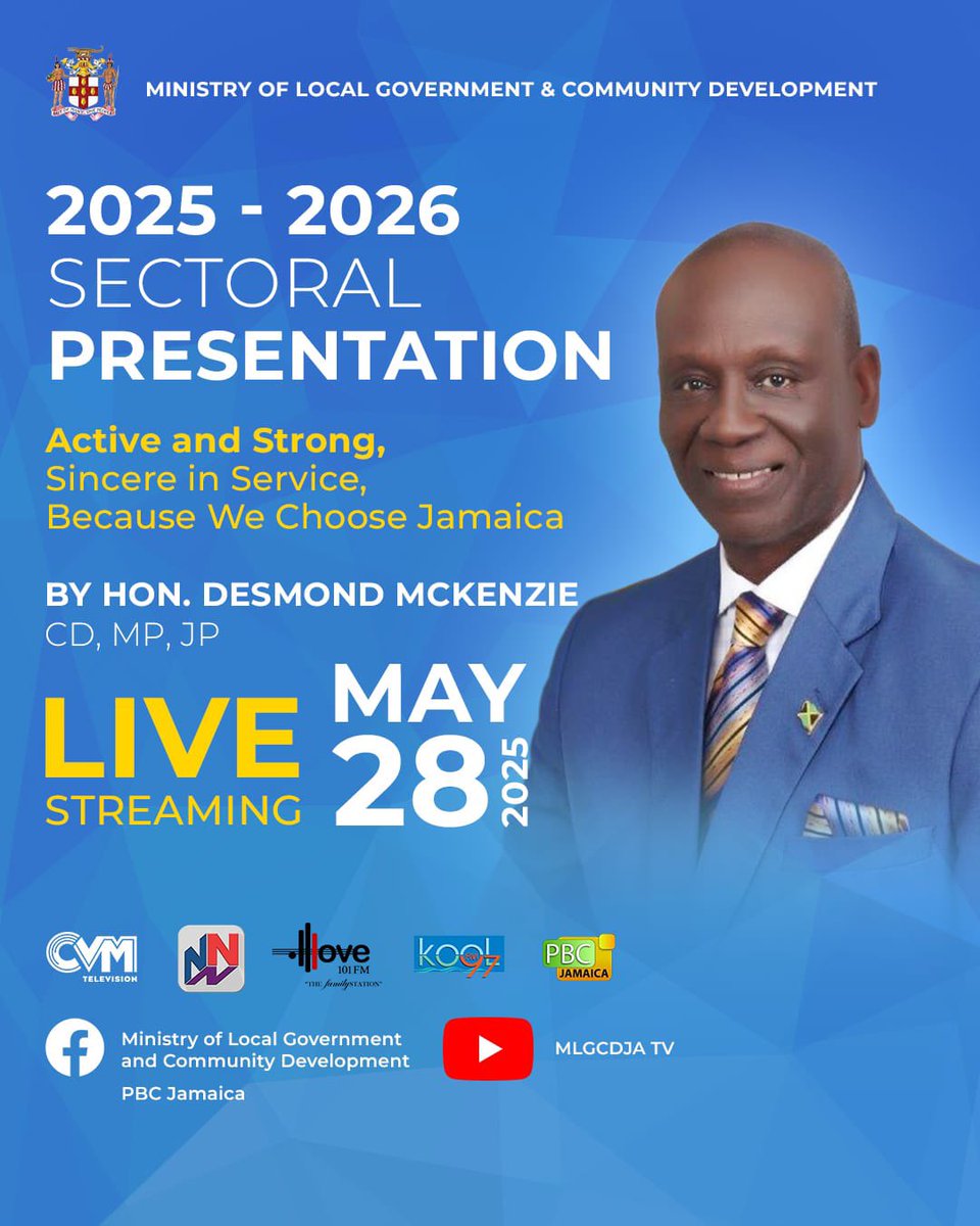 LocalGovJa's tweet image. Hon. Desmond McKenzie will make his contribution to the Sectoral Debate in Parliament tomorrow, May 28, 2025 at 2pm. You can watch and listen live on the channels listed. #LocalGovAtWork #ActiveandStrong #WeChooseJamaica