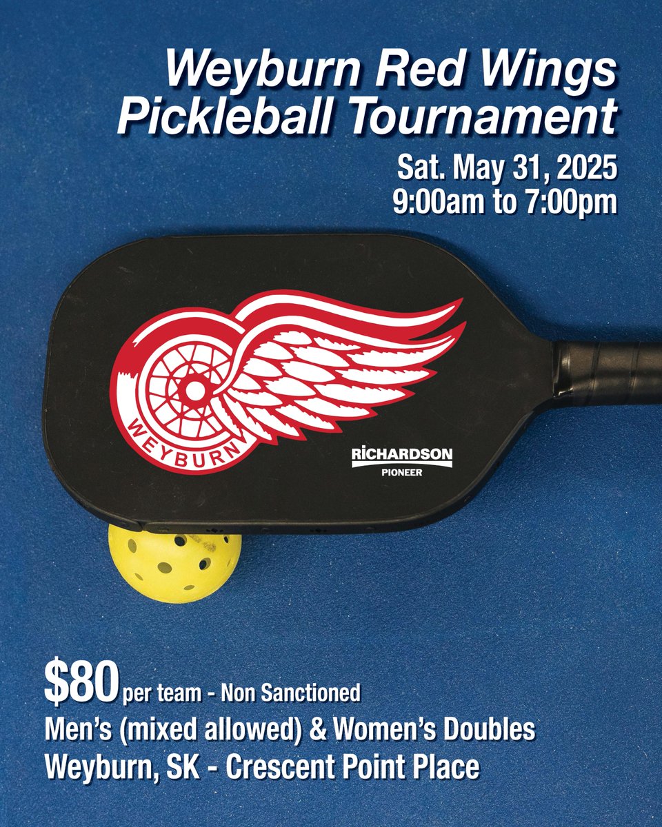 ⏰ TODAY IS THE LAST DAY TO REGISTER FOR THE RED WINGS PICKLEBALL TOURNAMENT ⏰

📅 Saturday, May 31, 2025
🕘 9:00 AM – 7:00 PM
📍 Crescent Point Place, Weyburn, SK

🏃 Men’s (mixed allowed) &amp; Women’s Doubles
💪 Divided by skill levels | Round robin format | 7 teams per division:
