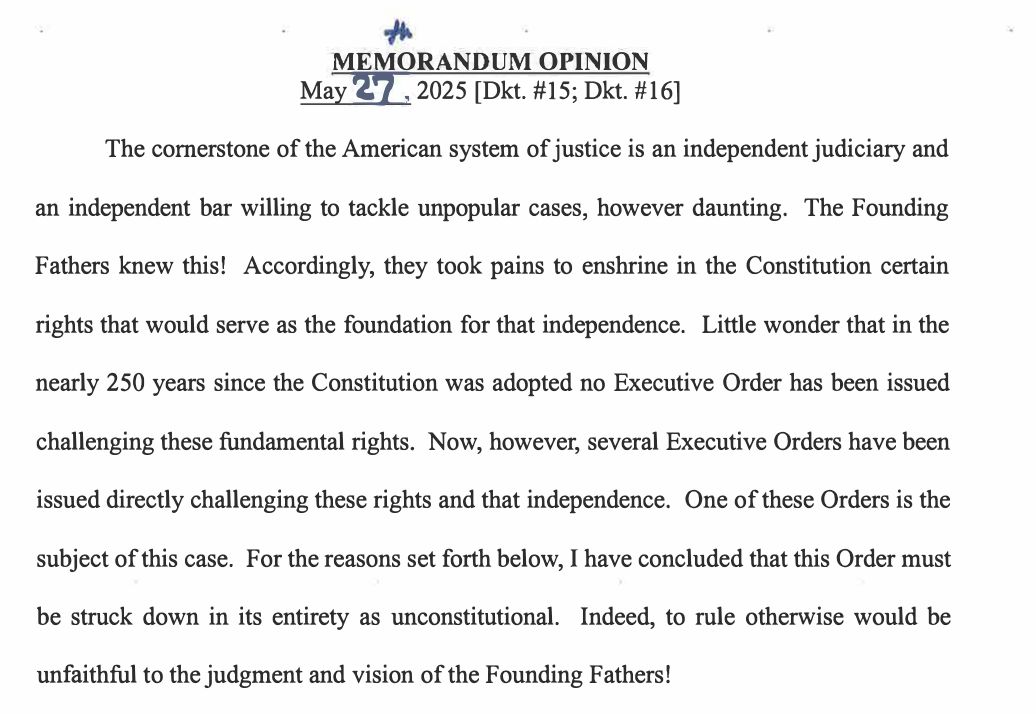 Another federal judge STRIKES DOWN Trump's order targeting a law firm for political retribution — this time, using exclamation marks twice in the introduction to emphasize that the executive order is against the Founding Fathers' vision. 

Doc storage.courtlistener.com/recap/gov.usco…