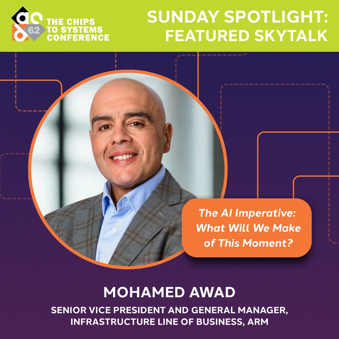 Join us for our FEATURED #62DAC Sunday SKYTalk! 

Mohamed Awad leads <a href="/Arm/">Arm</a>'s infrastructure LOB, powering AI workloads across hyperscale datacenters with Neoverse's performance-per-watt leadership.

📅 Sunday, June 22 @ 5:00pm

ALL badge types are welcome! dac.com/Conference/202…