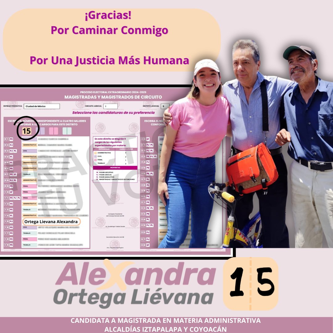 Gracias por caminar conmigo. 

Transformar el sistema de justicia es posible con tu voto.

¡Este domingo 1º de junio sal a votar!

#15 #elecciones2025 #1dejunio #poderjudicial #reformajudicial #magistrados #magistrada #coyoacan #iztapalapa #alexandraortega #eleccionesjudiciales