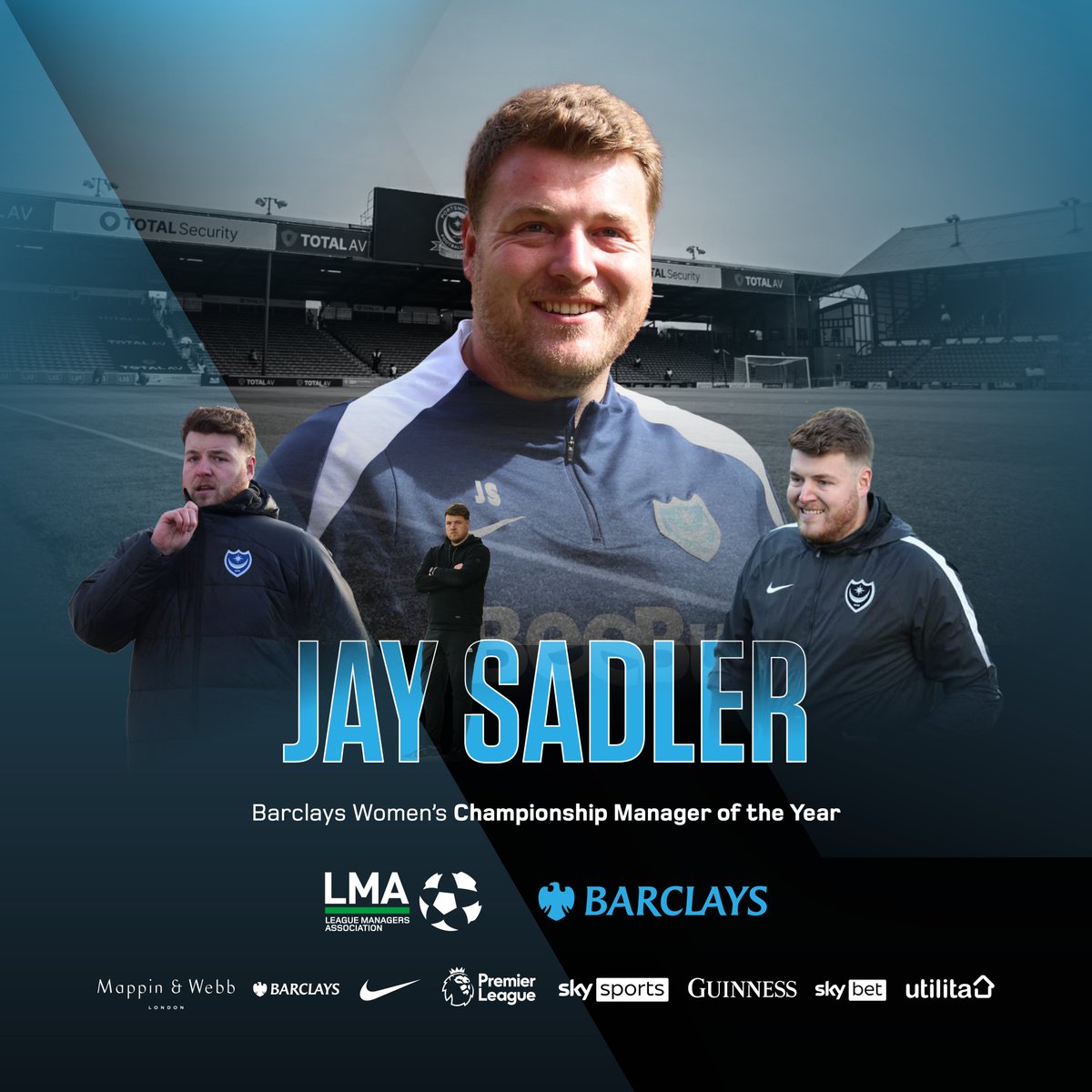 LMA (@lma_managers) on Twitter photo Congratulations to <a href="/PompeyWomen/">Portsmouth Women</a> manager Jay Sadler on winning the Barclays Women's Championship Manager of the Year! 🏆
#LMAAnnualAwards | <a href="/BarclaysWSL2/">Barclays WSL 2</a> | <a href="/BarclaysFooty/">Barclays Football</a> Congratulations to <a href="/PompeyWomen/">Portsmouth Women</a> manager Jay Sadler on winning the Barclays Women's Championship Manager of the Year! 🏆
#LMAAnnualAwards | <a href="/BarclaysWSL2/">Barclays WSL 2</a> | <a href="/BarclaysFooty/">Barclays Football</a>