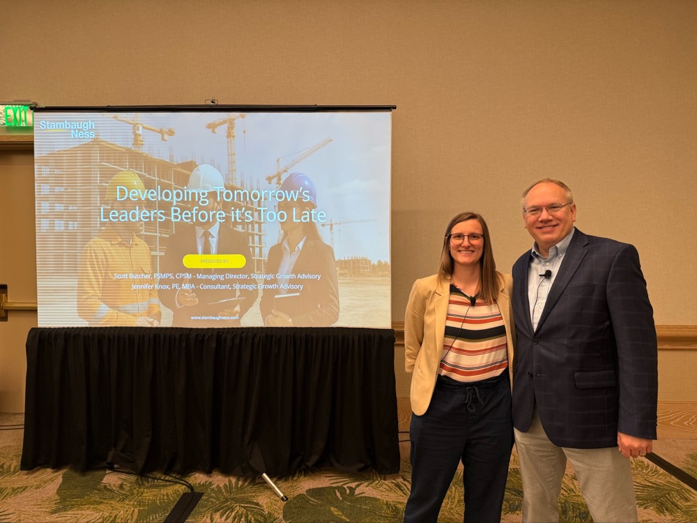 StambaughNess's tweet photo. Huge congrats to @scottdbutcher & Jen Knox for their awesome session on "Developing Tomorrow’s Leaders" at #CFMA in Kissimmee last week! 👏 So important for the future of construction finance & the wider #AEC industry. #Leadership #StambaughNess https://t.co/LMiKaulJ1d