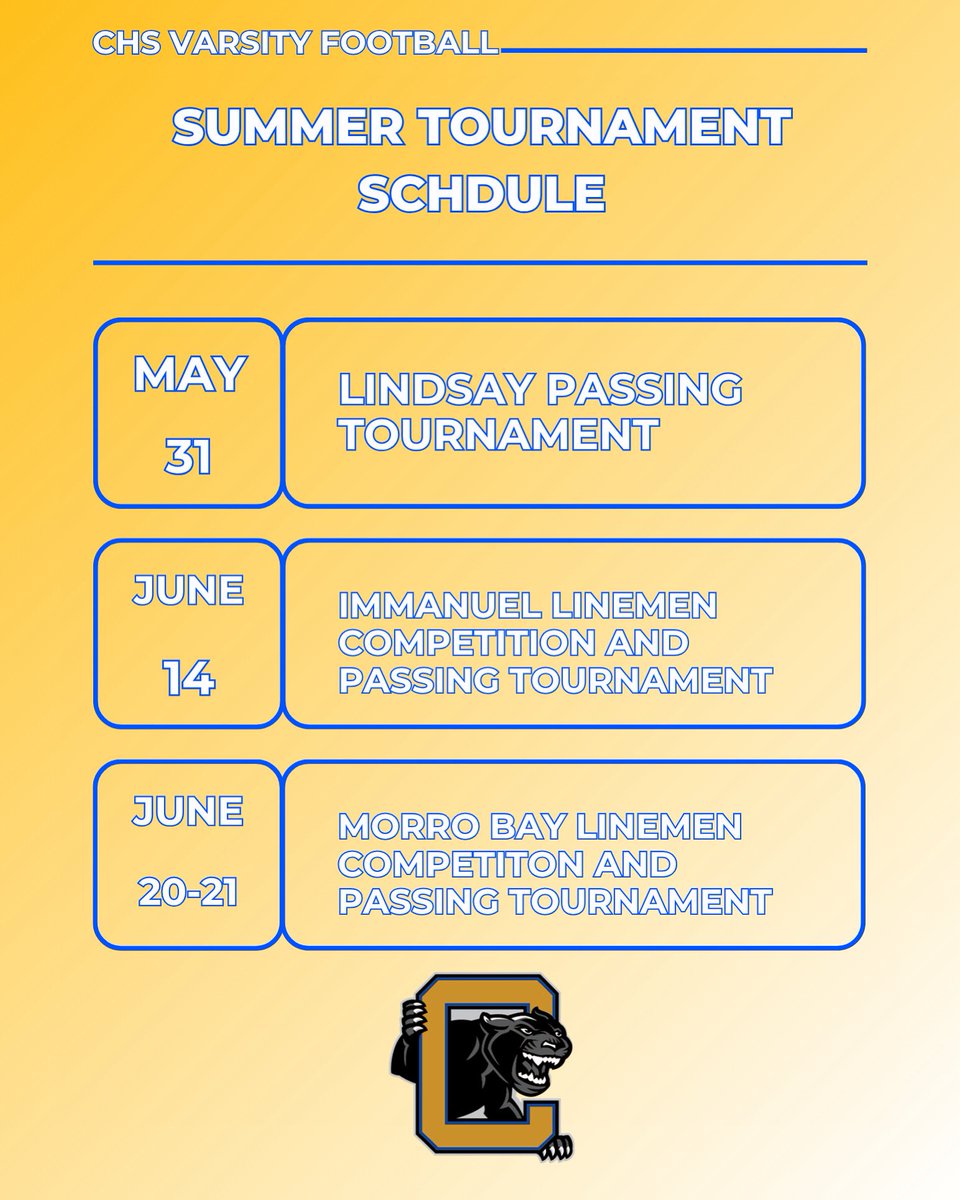 With the summer approaching, the Panthers will be back in action! Here is our Varsity Football tournament schedule. Times will be announced before the tournament day.