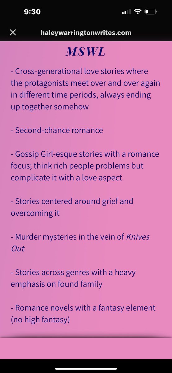 Please ensure to check out my website for my accepted genres and my MSWL!

haleywarringtonwrites.com/agenting