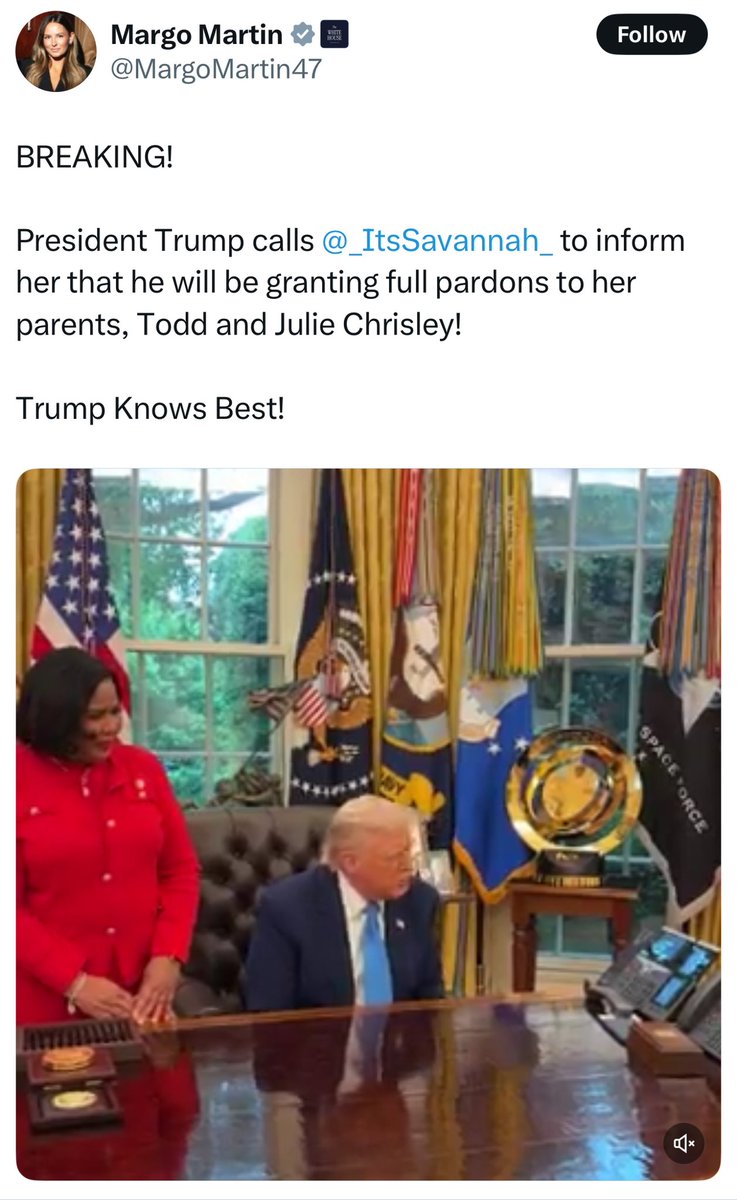Trump is pardoning Todd and Julie Chrisley, the Georgia reality TV stars convicted of fraud.

Todd was sentenced to 12 years &amp; Julie to 7 years.

Their daughter, Savannah, campaigned for Trump. At the RNC in 2024, she said her parents were “persecuted” for their political beliefs