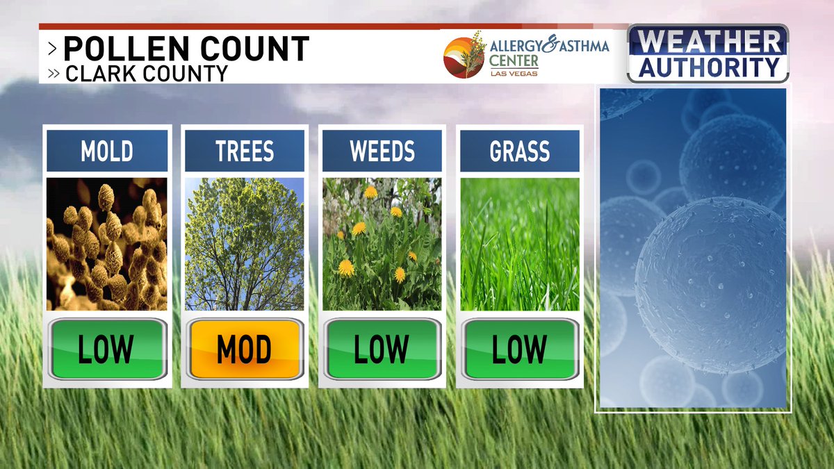 Air Quality ranked Healthy to Moderate with ozone the primary pollutant.
Pollen count remain under control for now. <a href="/News3LV/">KSNV News 3 Las Vegas</a> <a href="/NWSVegas/">NWS Las Vegas</a> #WeatherAuthority #vegas #Vegasweather #nvwx