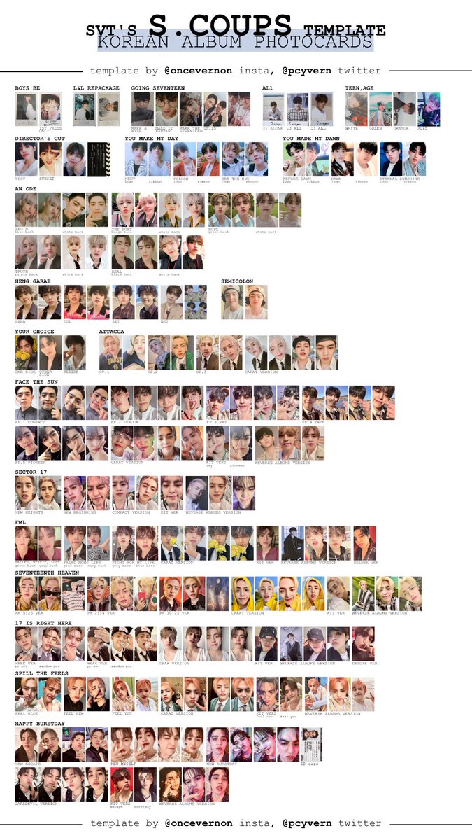 pcyvern's tweet photo. seventeen korean album photocard templates (all on 1 page version) updated with all the happy burstday photocards added. all members available on the google drive at this link: https://t.co/7PURJZIzRE https://t.co/N54twTzsEY