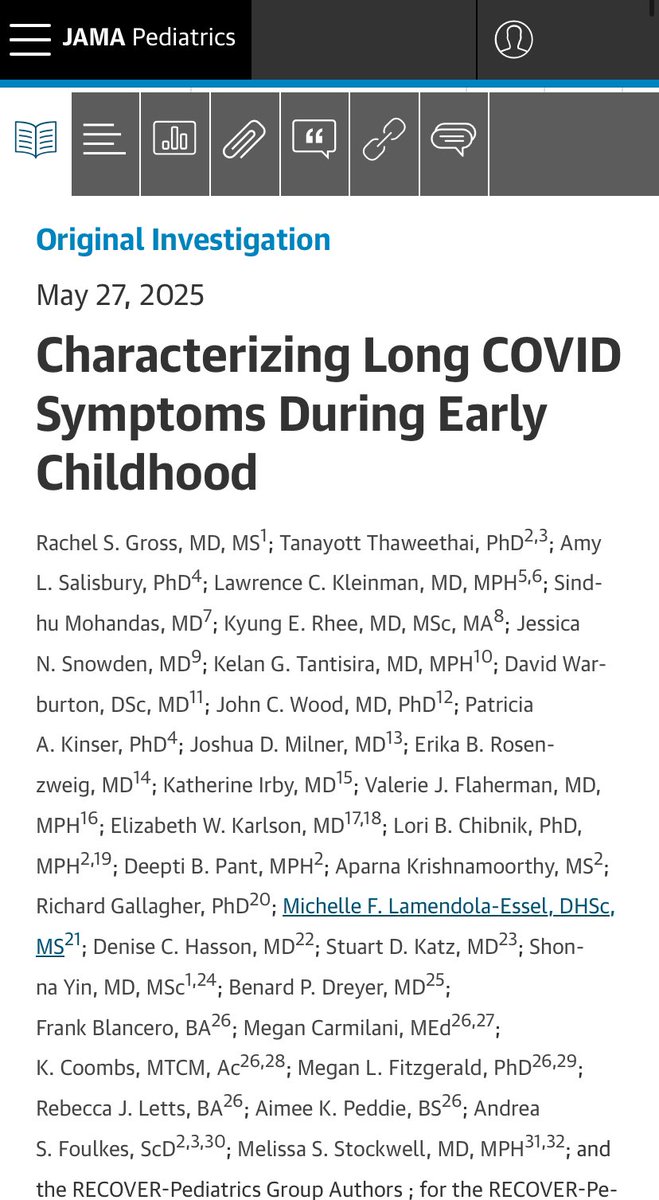 ‘Results of this cohort study suggest that symptom patterns were distinguishable across infants/toddlers and preschool-aged children, and from previously studied older children and adults.’

jamanetwork.com/journals/jamap… 

#PaediatricLongCovid #LongCovidKids #Childhood #RECOVER