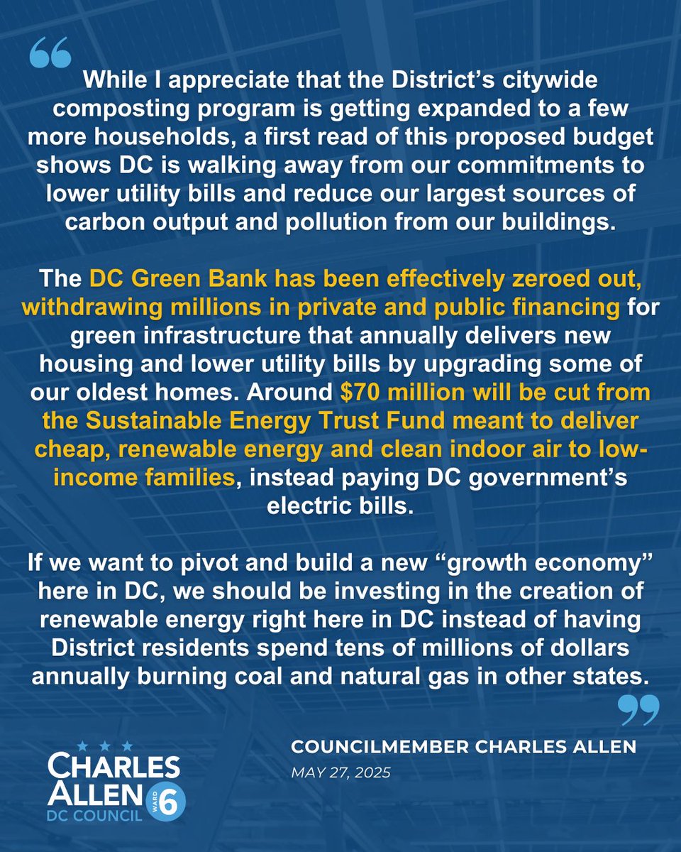 CM Allen's Team (@cmcharlesallen) on Twitter photo A first read of the proposed budget shows DC is walking away from our commitments to lower utility bills & reduce our largest sources of carbon output and pollution from our buildings.
Read <a href="/charlesallen/">Charles Allen</a>'s statement following today's release of the Mayor's proposed FY26 budget: A first read of the proposed budget shows DC is walking away from our commitments to lower utility bills & reduce our largest sources of carbon output and pollution from our buildings.
Read <a href="/charlesallen/">Charles Allen</a>'s statement following today's release of the Mayor's proposed FY26 budget: