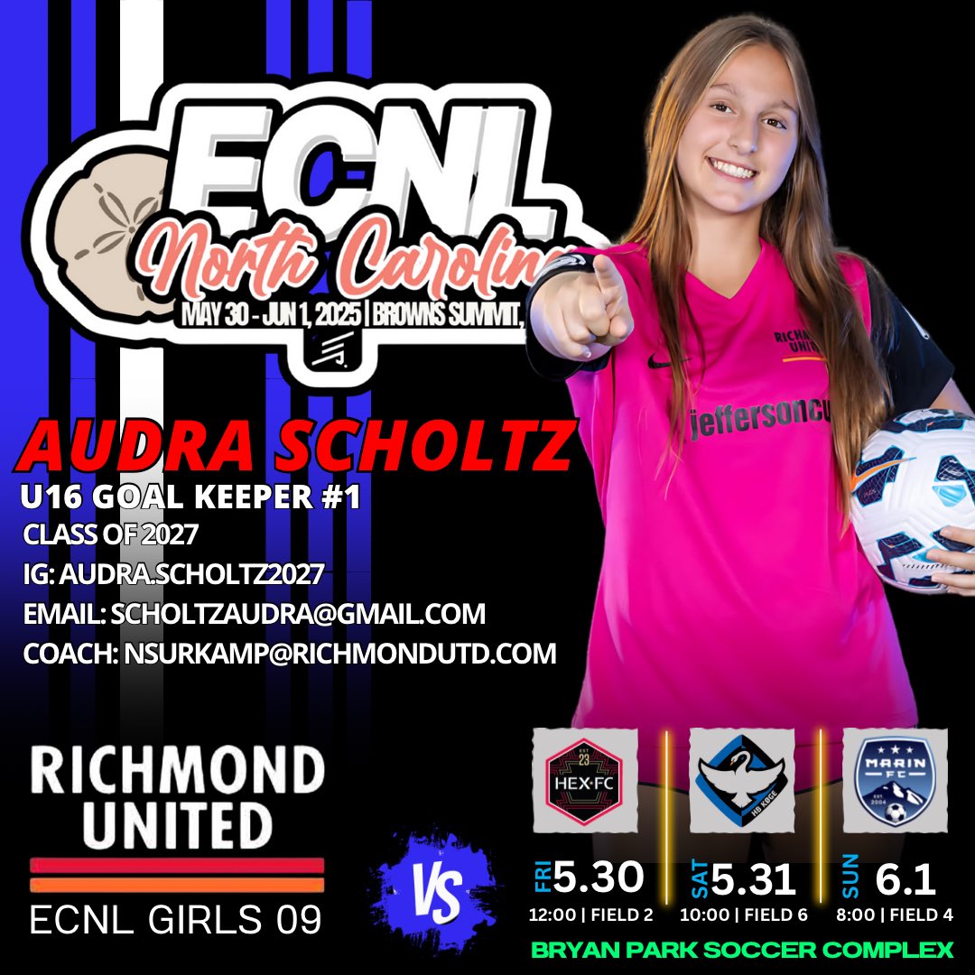 Excited for our last showcase before ECNL Playoffs!  Here’s my Richmond United 2009 team schedule for ECNL North Carolina !
<a href="/richmondunited/">Richmond United ECNL Girls</a> 
<a href="/PrepSoccer/">Prep Soccer ⚽️</a> 
<a href="/ImYouthSoccer/">ECNL/GA/Recruiting/College Soccer</a> 
<a href="/ECNLMidNorth/">ECNL Mid Atlantic & North Atlantic</a> 
<a href="/TopDrawerSoccer/">TopDrawerSoccer</a>