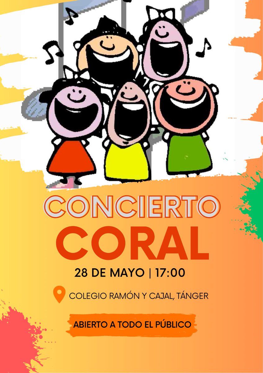 🎶✨ ¡Os recordamos el concierto del coro del CE Ramón y Cajal! 🎤🎼

Ven a disfrutar de una tarde llena de música, alegría y voces infantiles que te emocionarán.
🗓 28 de mayo
🕔 17:00 h
Evento abierto a todo el público
<a href="/ConsejeriaEduc1/">Consejería Educación Marruecos</a> <a href="/AccEducativaExt/">Acción Educativa Exterior</a> <a href="/ampatangerRyC/">AMPA Colegio Ramón y Cajal - Tánger</a>