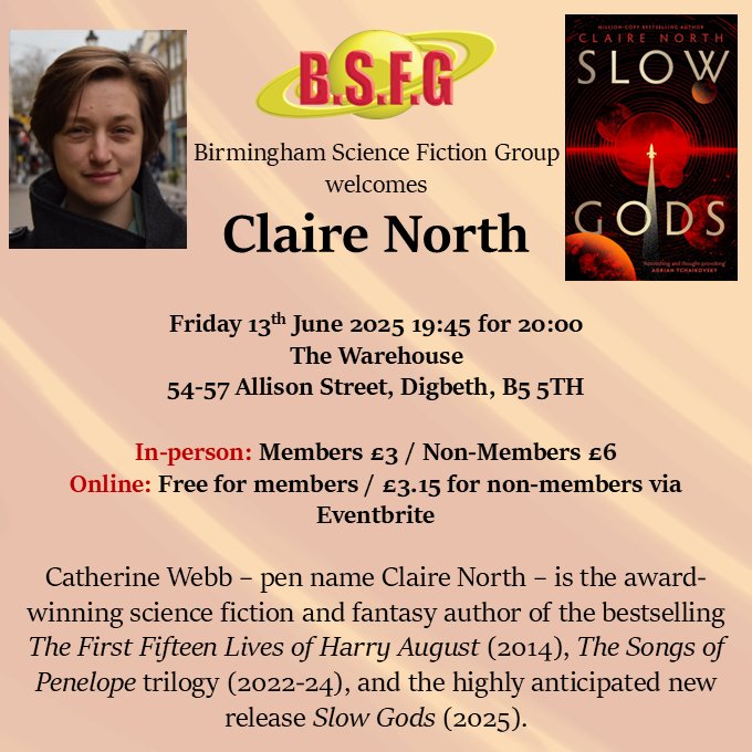 Nick Foster (@weknow0) on Twitter photo Come join us at the Birmingham Science Fiction Group at Warehouse on Friday 13th June at 7.45pm to meet <a href="/ClaireNorth42/">Claire North - Announcements Only</a> as she discusses her new book Slow Gods. All welcome! Come join us at the Birmingham Science Fiction Group at Warehouse on Friday 13th June at 7.45pm to meet <a href="/ClaireNorth42/">Claire North - Announcements Only</a> as she discusses her new book Slow Gods. All welcome!
