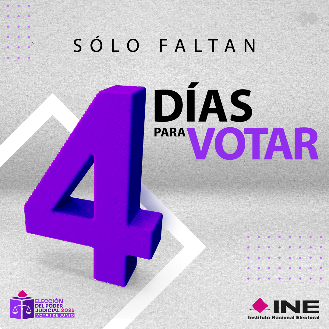 ¡Sólo faltan 4 días! ¡VOTA este 1 de junio! 🗳​

En estas elecciones, #Votalibre, #VotaInformado y participa. 🗳️​

Tu participación fortalece la democracia en las #EleccionesJudiciales.
