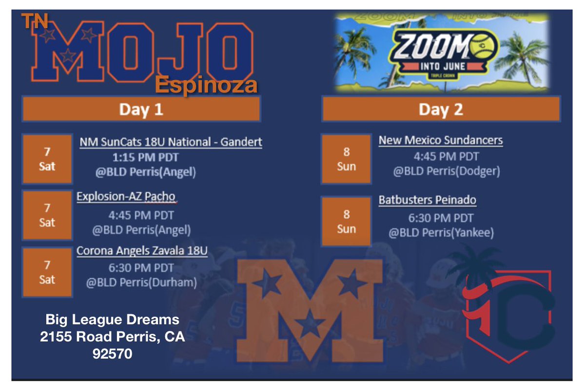 TN Mojo Espinoza (@casfastpitch) on Twitter photo Hope to see you in SoCal πβοΈπ
Zoom into June <a href="/TCSFastpitch/">TC Fastpitch</a>
π June 6 - June 8
π BLD Perris
<a href="/MojoCASoftball/">Mojo CA</a> <a href="/TnMojoFastpitch/">Tennessee Mojo fastpitch</a>
<a href="/ExtraInningSB/">EXTRA INNING SOFTBALL</a> <a href="/Sports_Recruits/">SportsRecruits</a>
<a href="/Softball_Home/">Softball Homeπ₯</a> <a href="/LegacyLegendsS1/">Legacy & Legends Softball</a> Hope to see you in SoCal πβοΈπ
Zoom into June <a href="/TCSFastpitch/">TC Fastpitch</a>
π June 6 - June 8
π BLD Perris
<a href="/MojoCASoftball/">Mojo CA</a> <a href="/TnMojoFastpitch/">Tennessee Mojo fastpitch</a>
<a href="/ExtraInningSB/">EXTRA INNING SOFTBALL</a> <a href="/Sports_Recruits/">SportsRecruits</a>
<a href="/Softball_Home/">Softball Homeπ₯</a> <a href="/LegacyLegendsS1/">Legacy & Legends Softball</a>