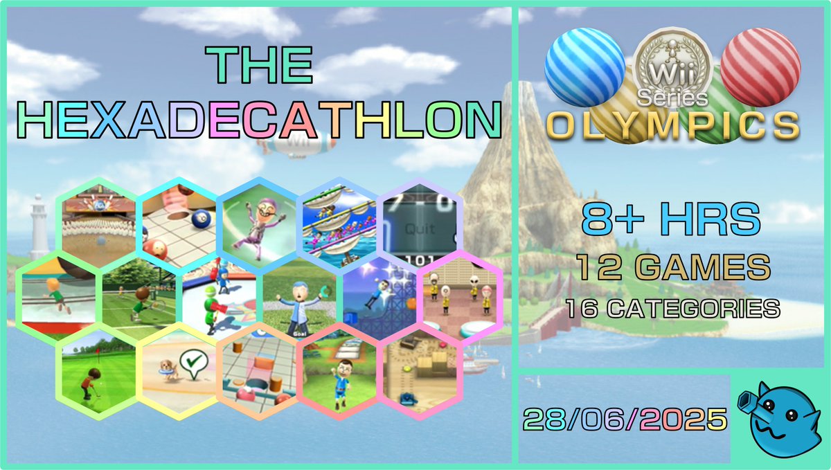 SMMidi_'s tweet photo. I have a big announcement! On Sat 28 Jun I will be undertaking the hardest category name ever, the Hexadecathlon! This is a run of all 16 Wii Series Olympics categories back to back. I've never completed a speedrun over 5 hours, so this will be my longest challenge yet! https://t.co/IWI7qzVtaX